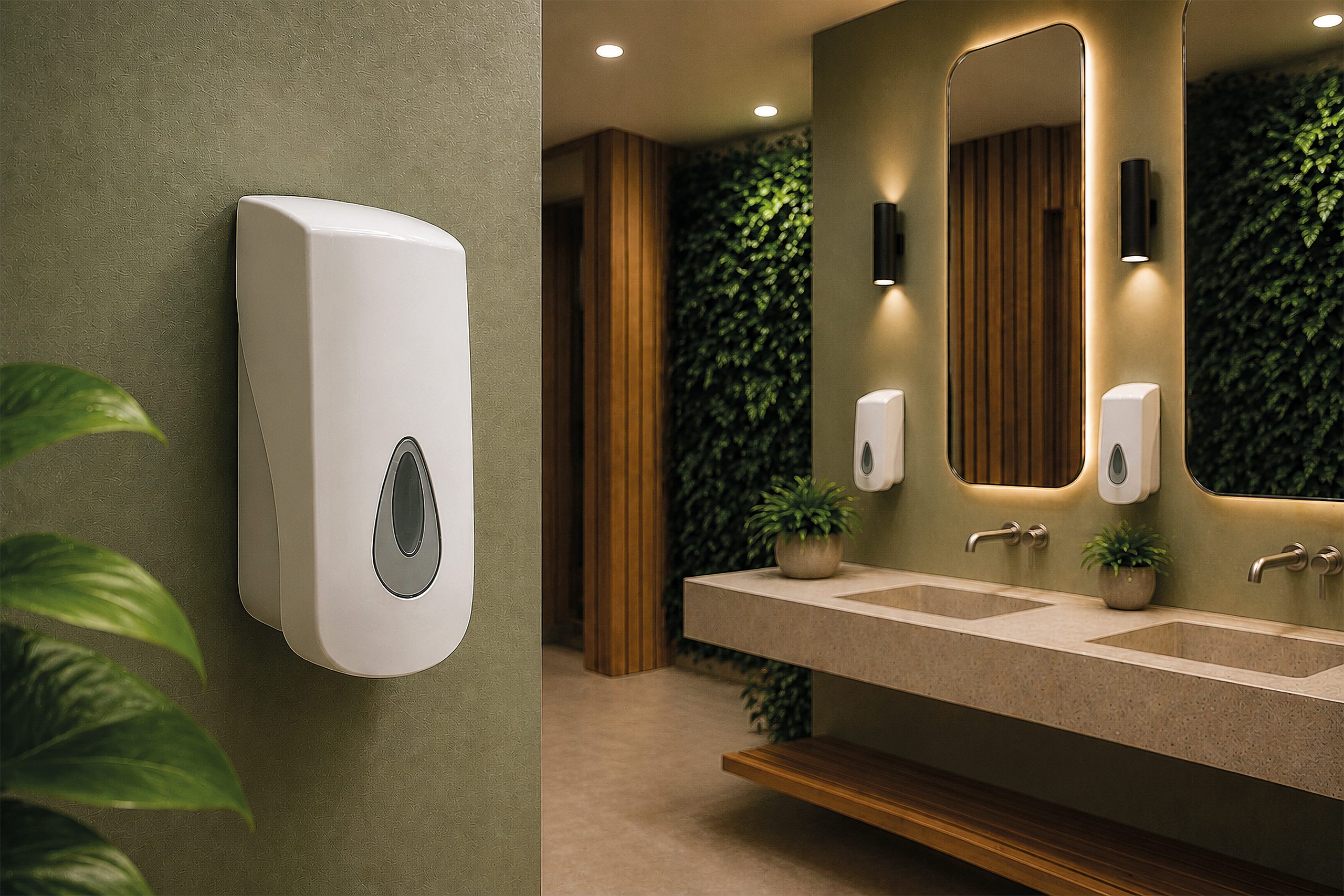 Hylab 2Life soap dispensers in a washroom with a living green wall