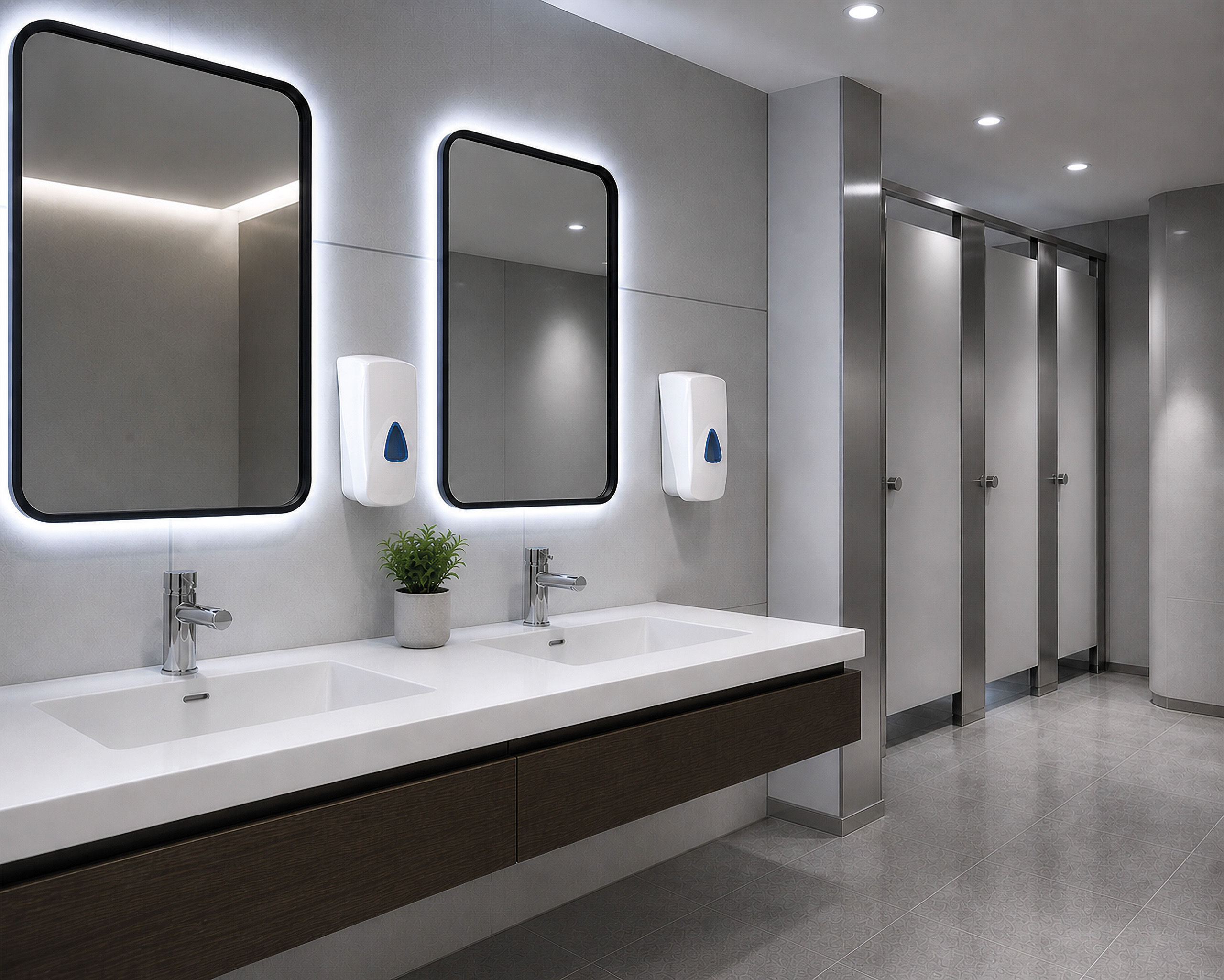Hylab Intro soap dispensers beside mirrors in a grey commercial washroom