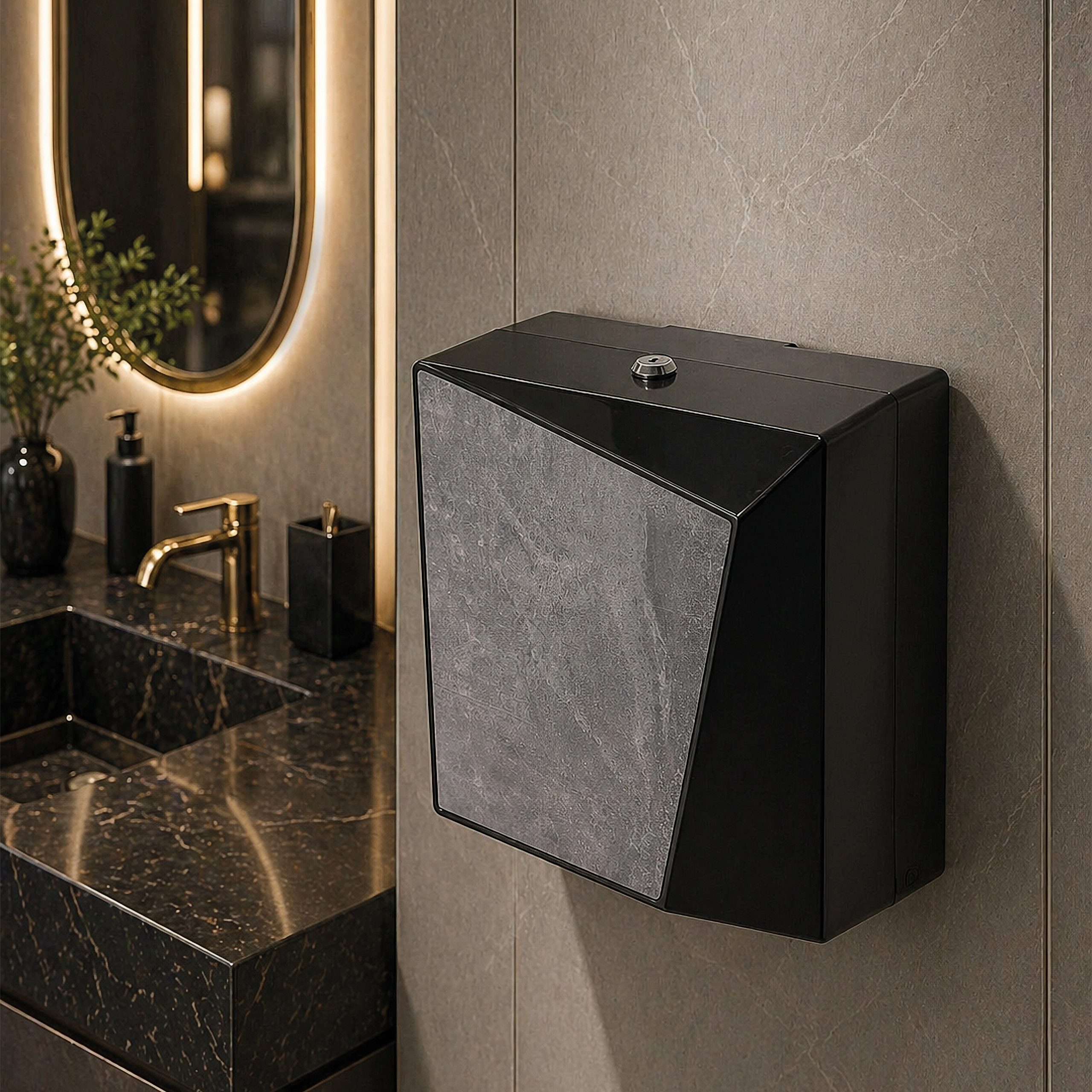 Hylab Materia paper dispenser with a stone-effect front in a dark marble washroom