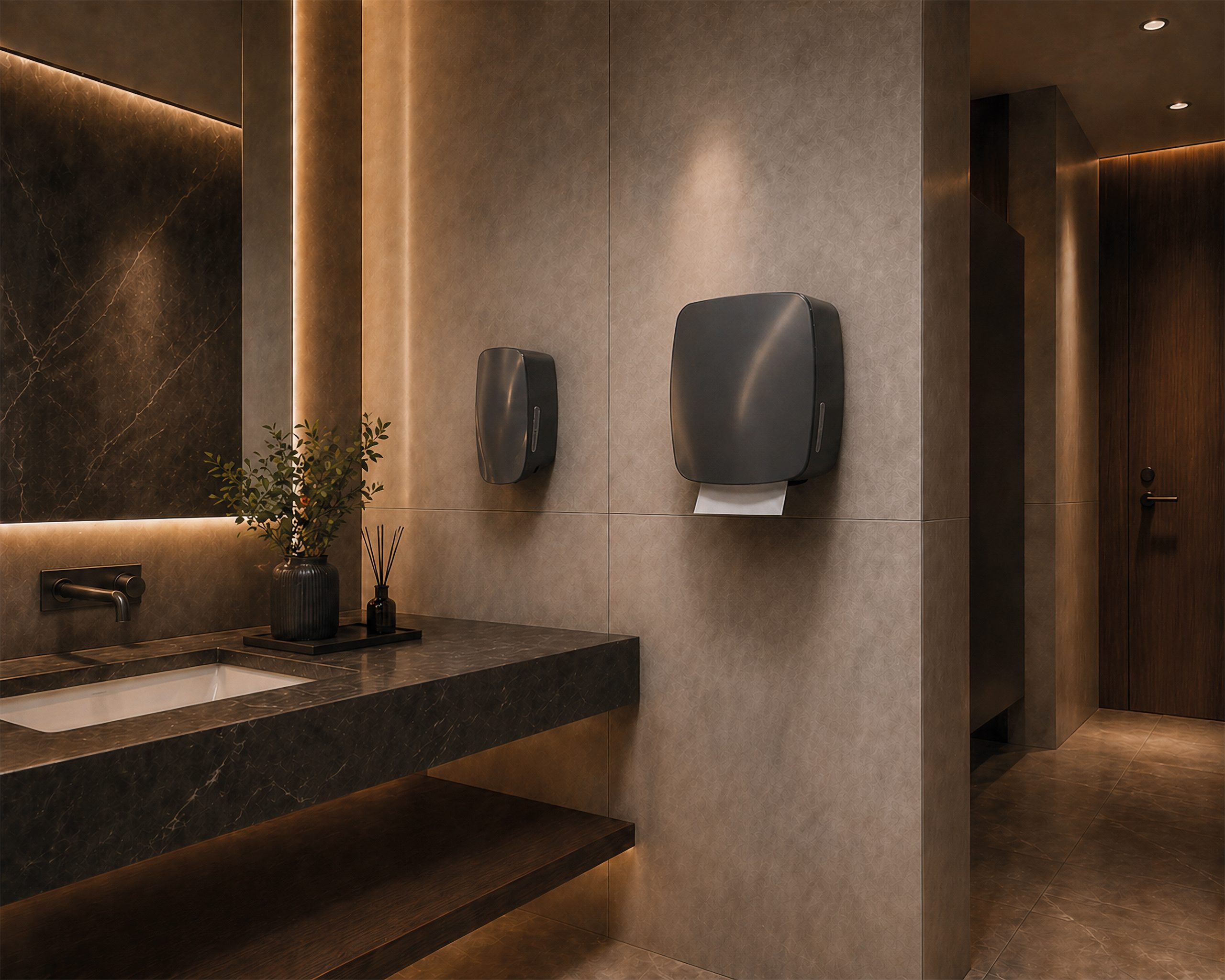 Hylab Mercury hand towel and soap dispensers in a warm-lit stone washroom