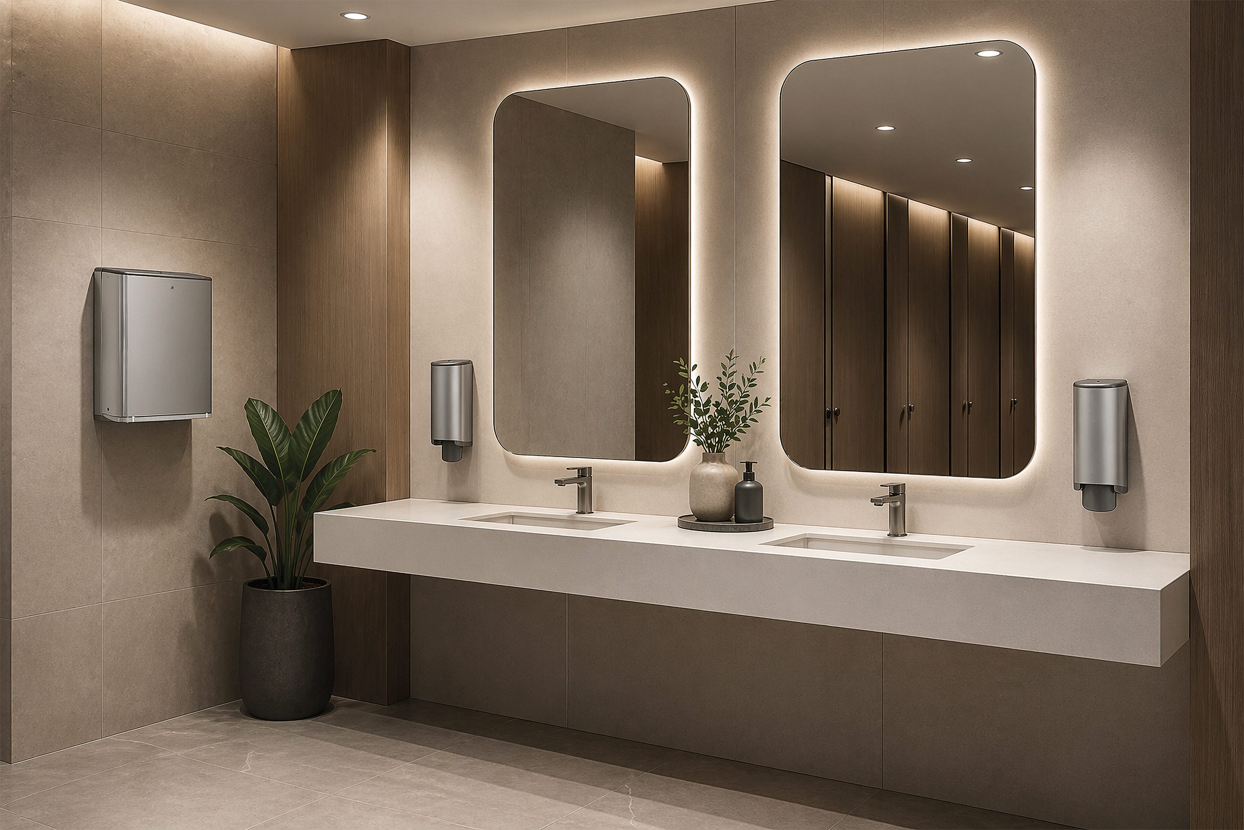 Hylab Milano stainless steel dispensers in a beige stone washroom