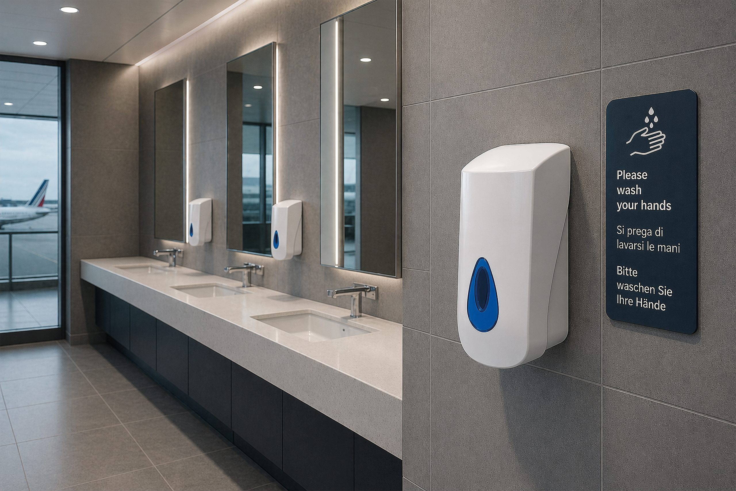 Hylab Modular soap dispenser beside a hand washing sign in an airport washroom