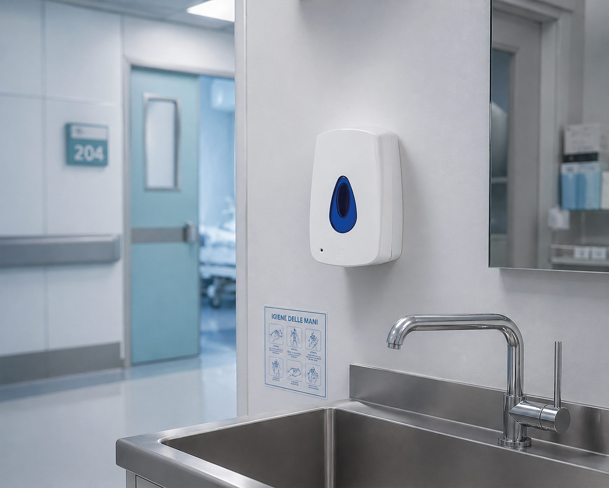 Hylab Multiflex touch free soap dispenser above a sink in a hospital ward