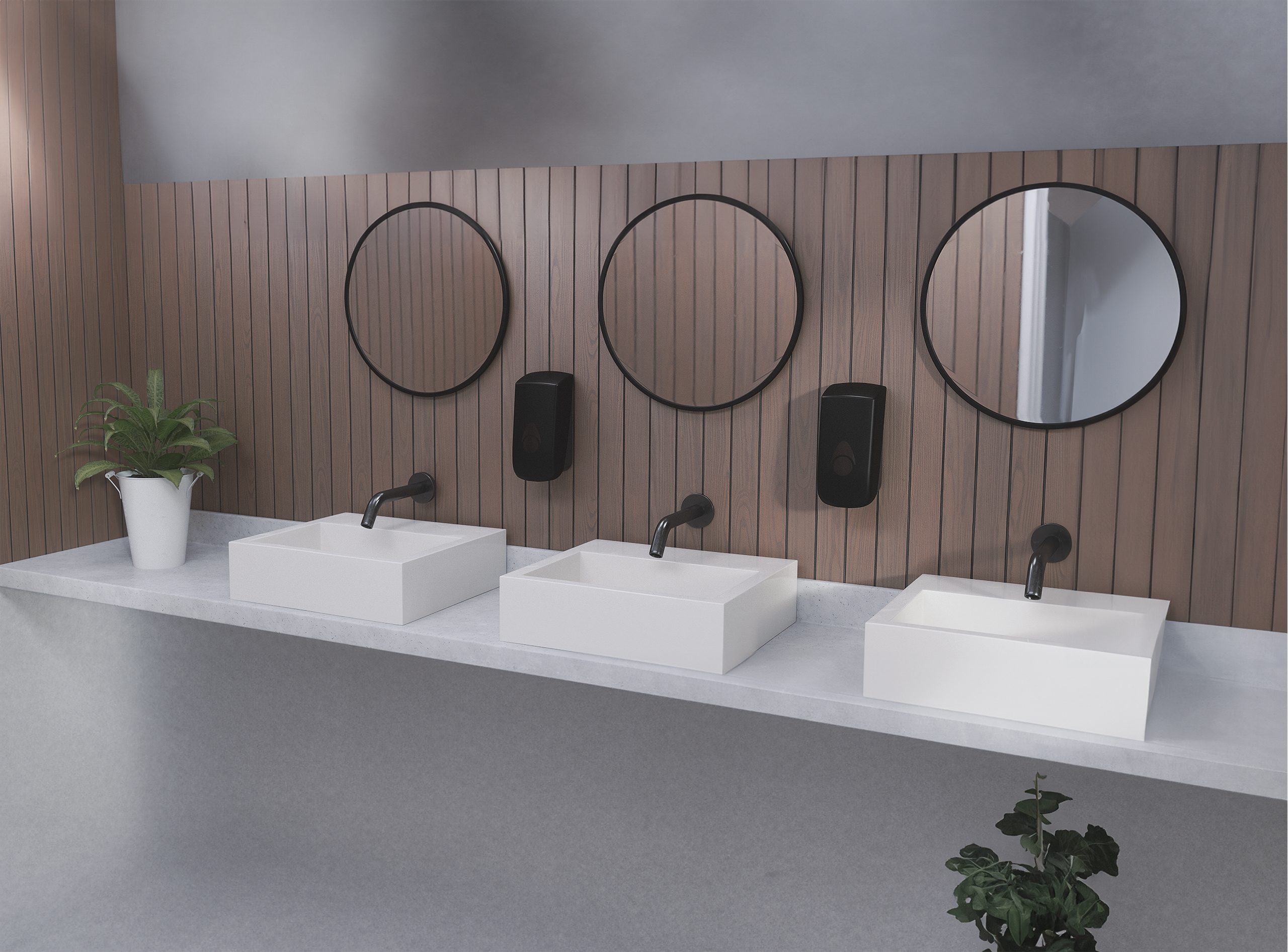 Hylab Myriad dispensers on a slatted wood wall above three white basins