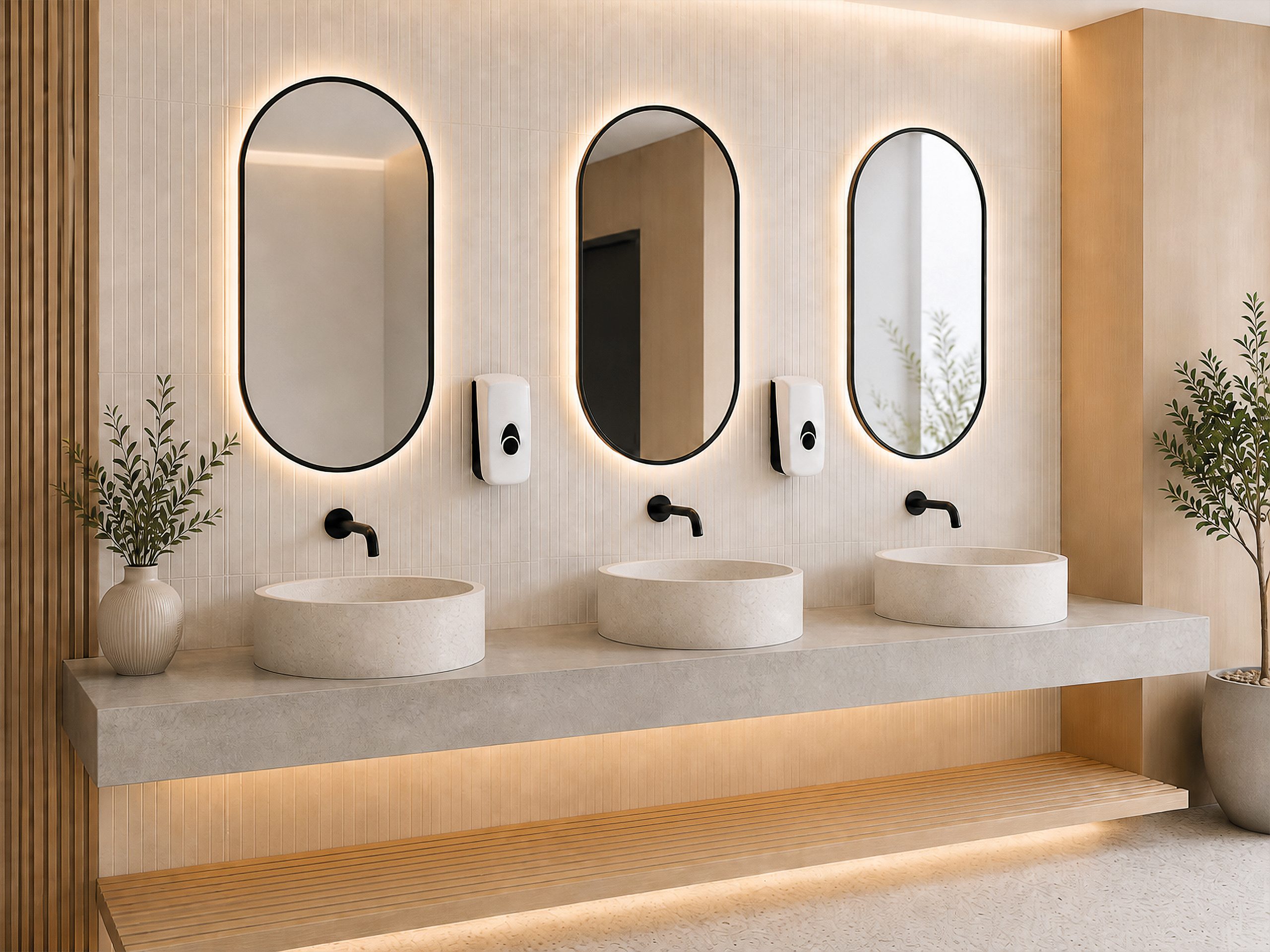 Hylab Myriad dispensers in a beige washroom with oval mirrors and stone basins