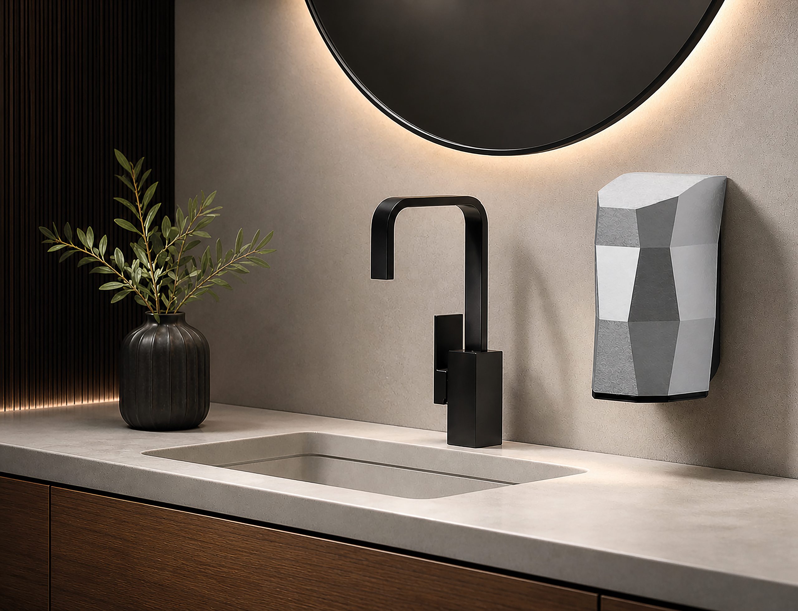 Faceted wall mounted dispenser beside a basin in a minimal beige washroom