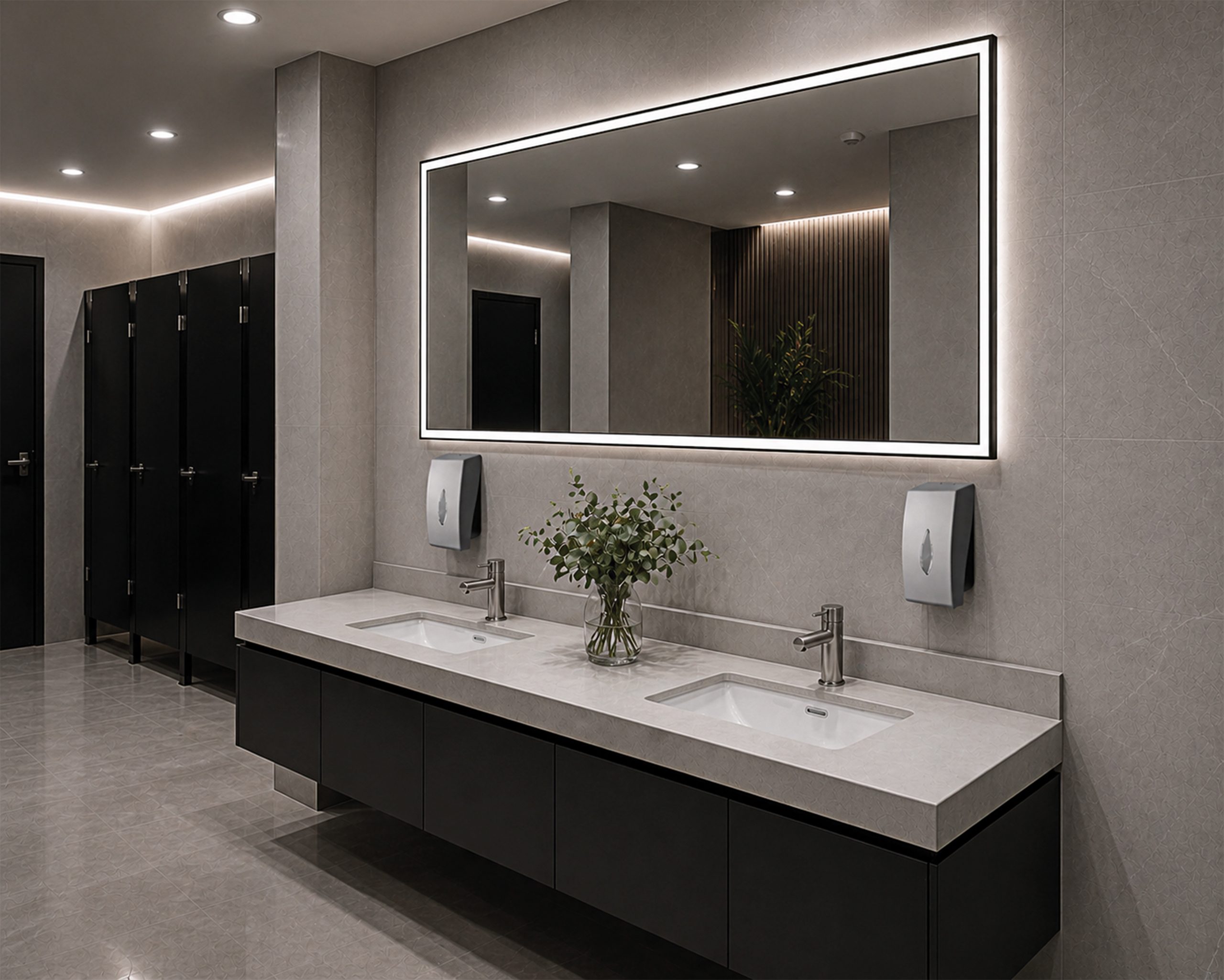 Hylab Vela stainless steel dispensers below a lit mirror in a concrete toned washroom